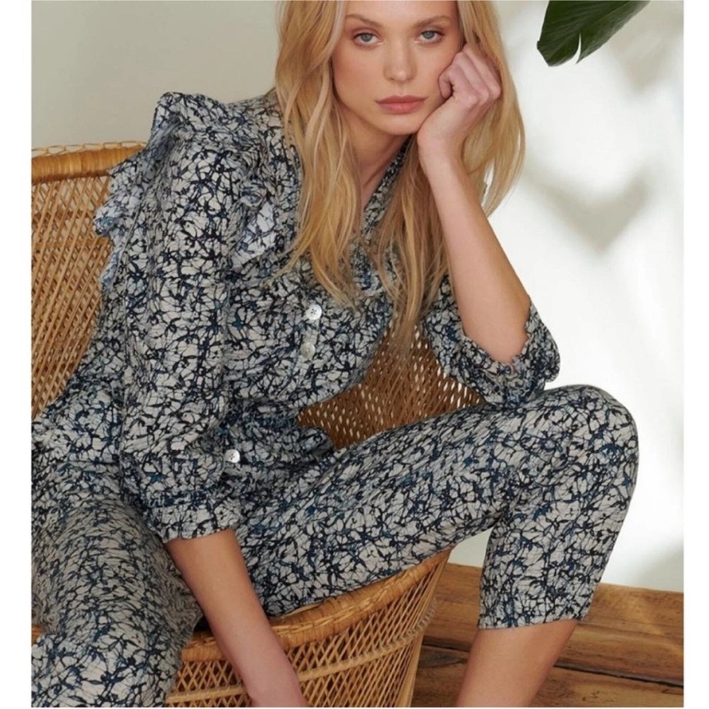 Veronica Beard Jumpsuit Tanay Ruffle Button Down - Batik Print Size 12